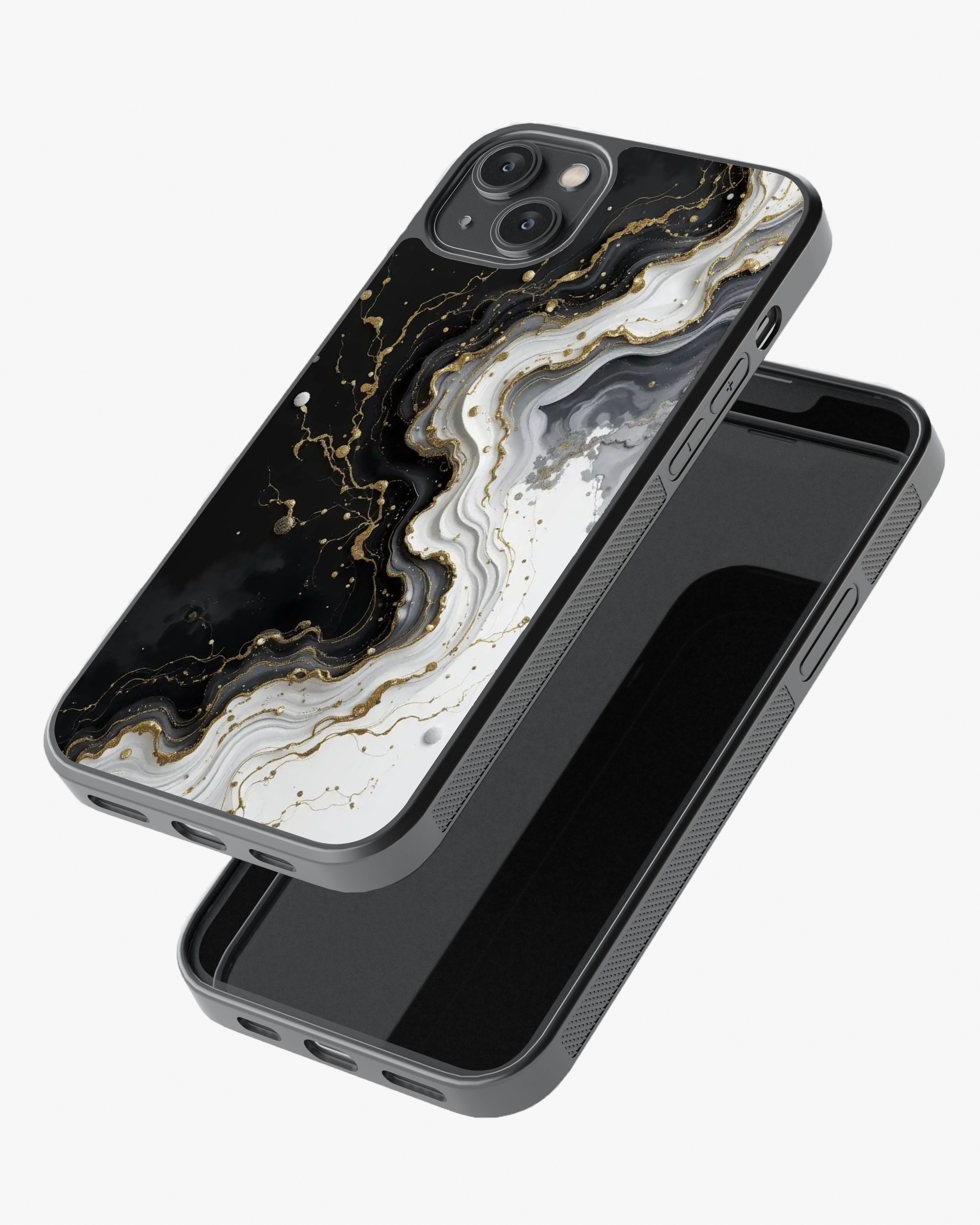 Noir Elegance – Black White Gold Luxury Marble Case Cover Glass Case