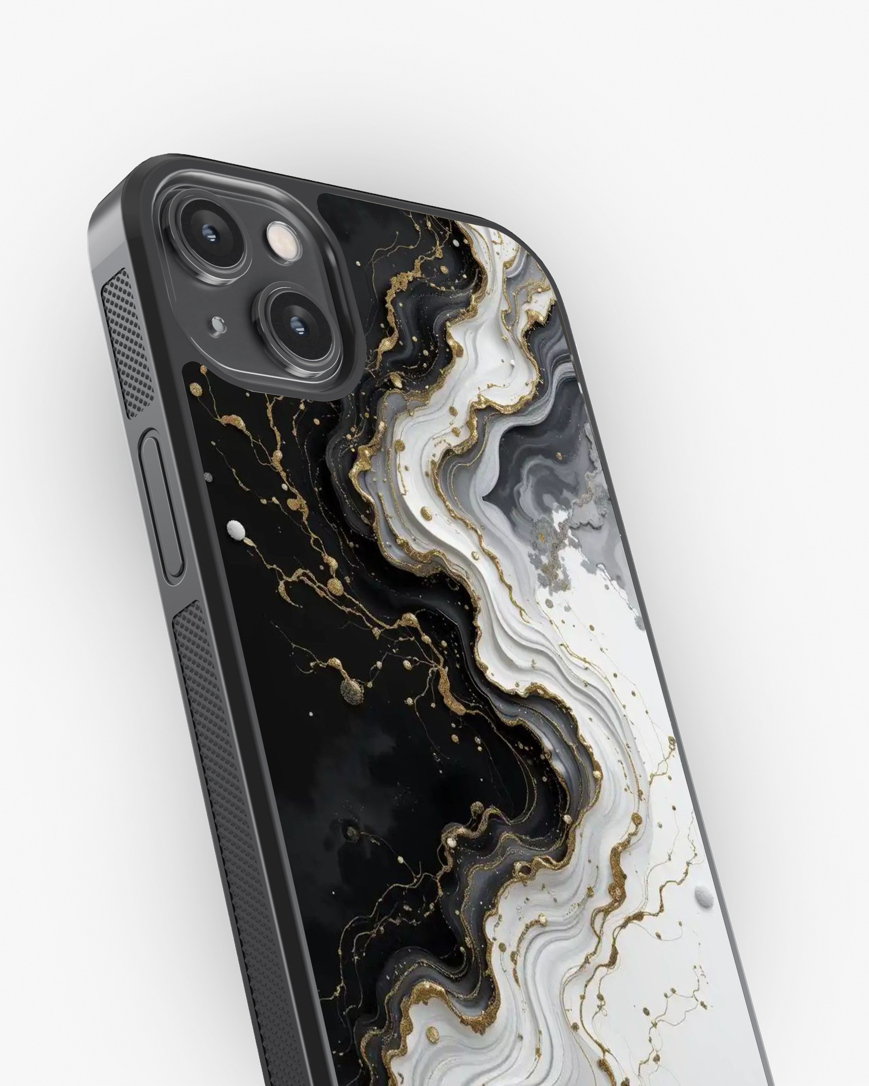 Noir Elegance – Black White Gold Luxury Marble Case Cover Glass Case