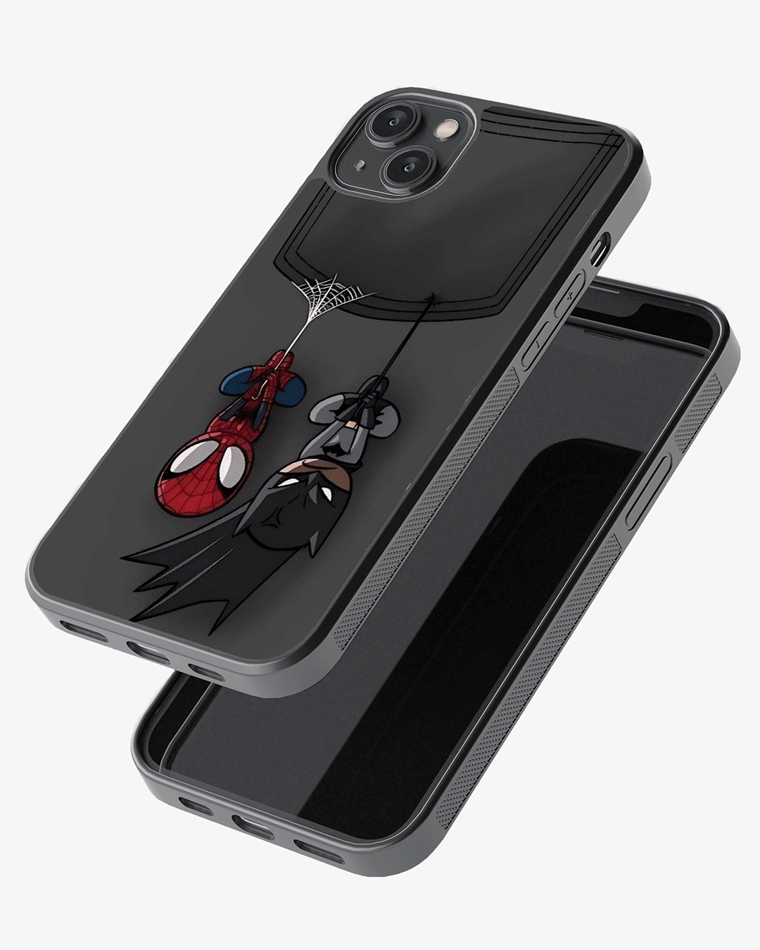 Pocket Heroes – Spider-Man & Batman Hanging Design Premium Phone Cover Glass Case