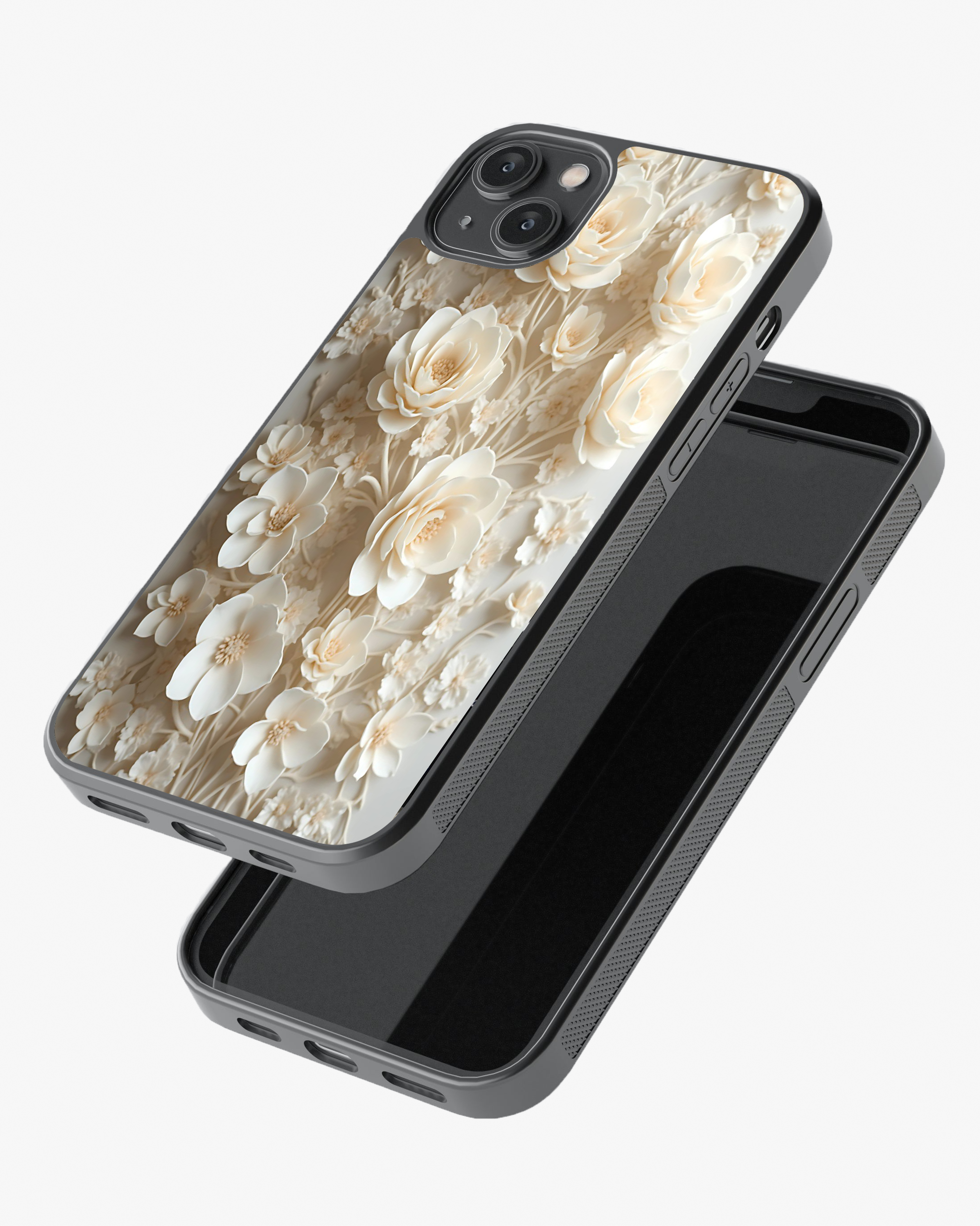 Elegant Ivory 3D Floral Case Cover Glass Case