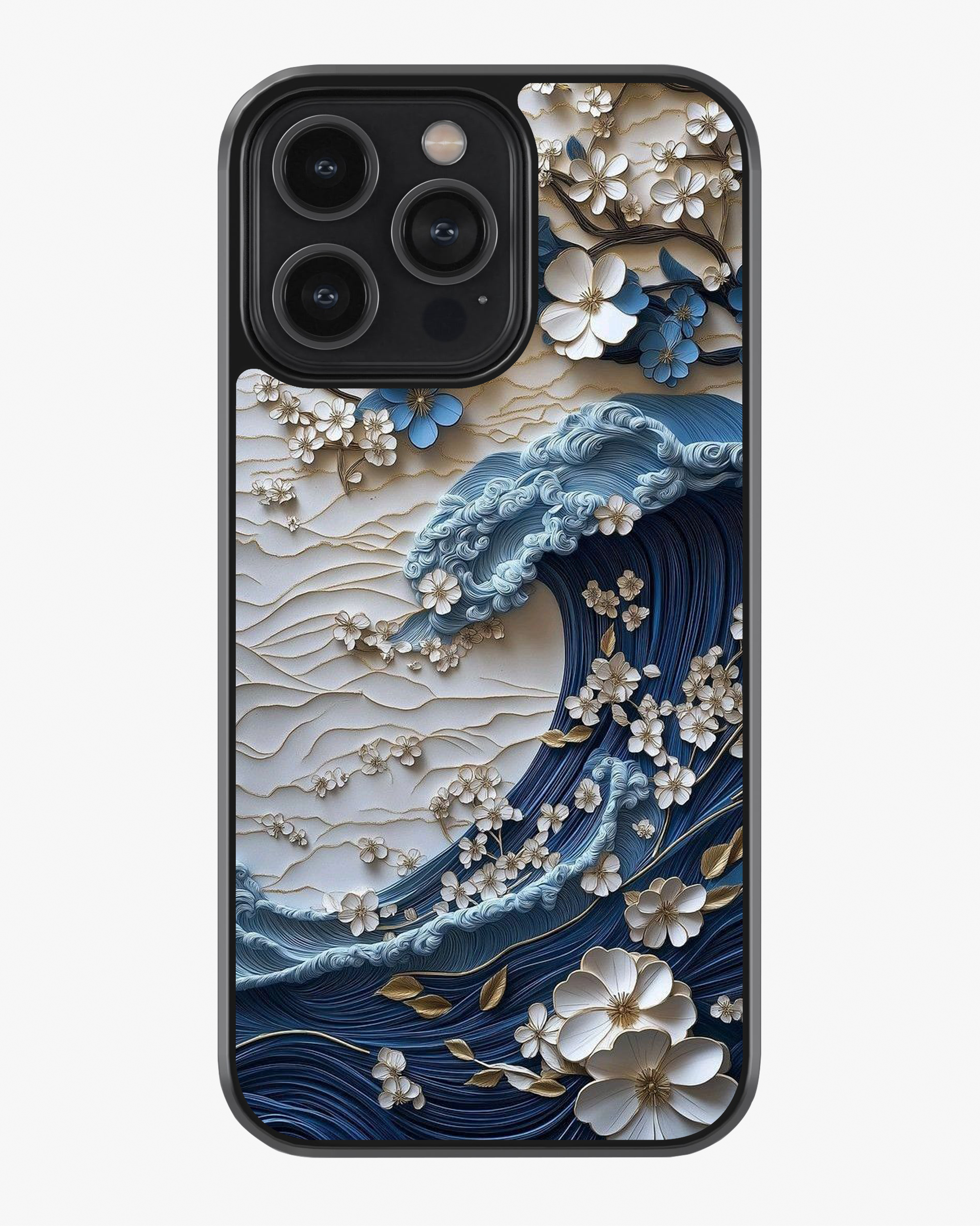 Blue Wave & Floral Art Case Cover Glass Case