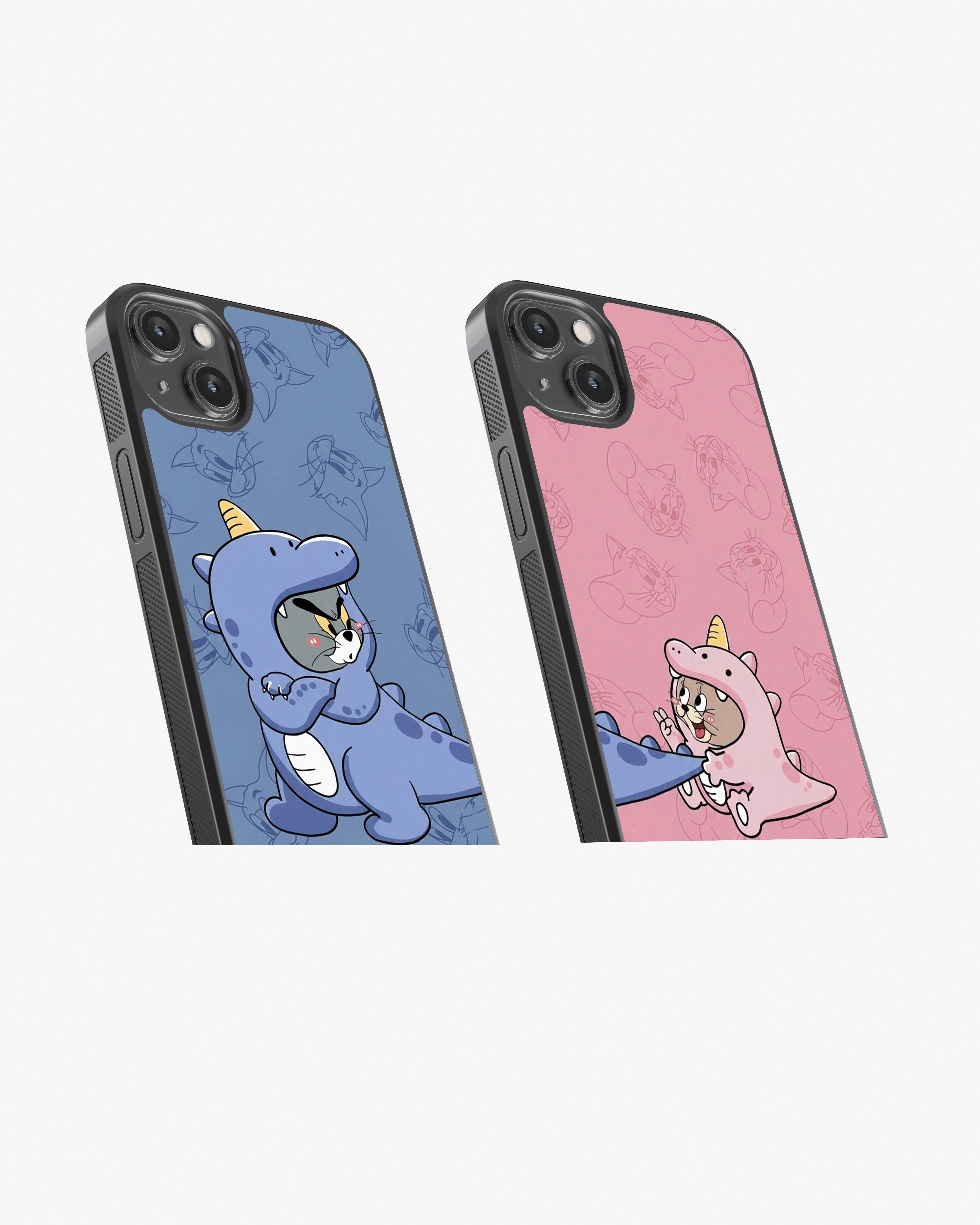 Cute Cartoon Dino Tom & Jerry Couple Set Glass Case
