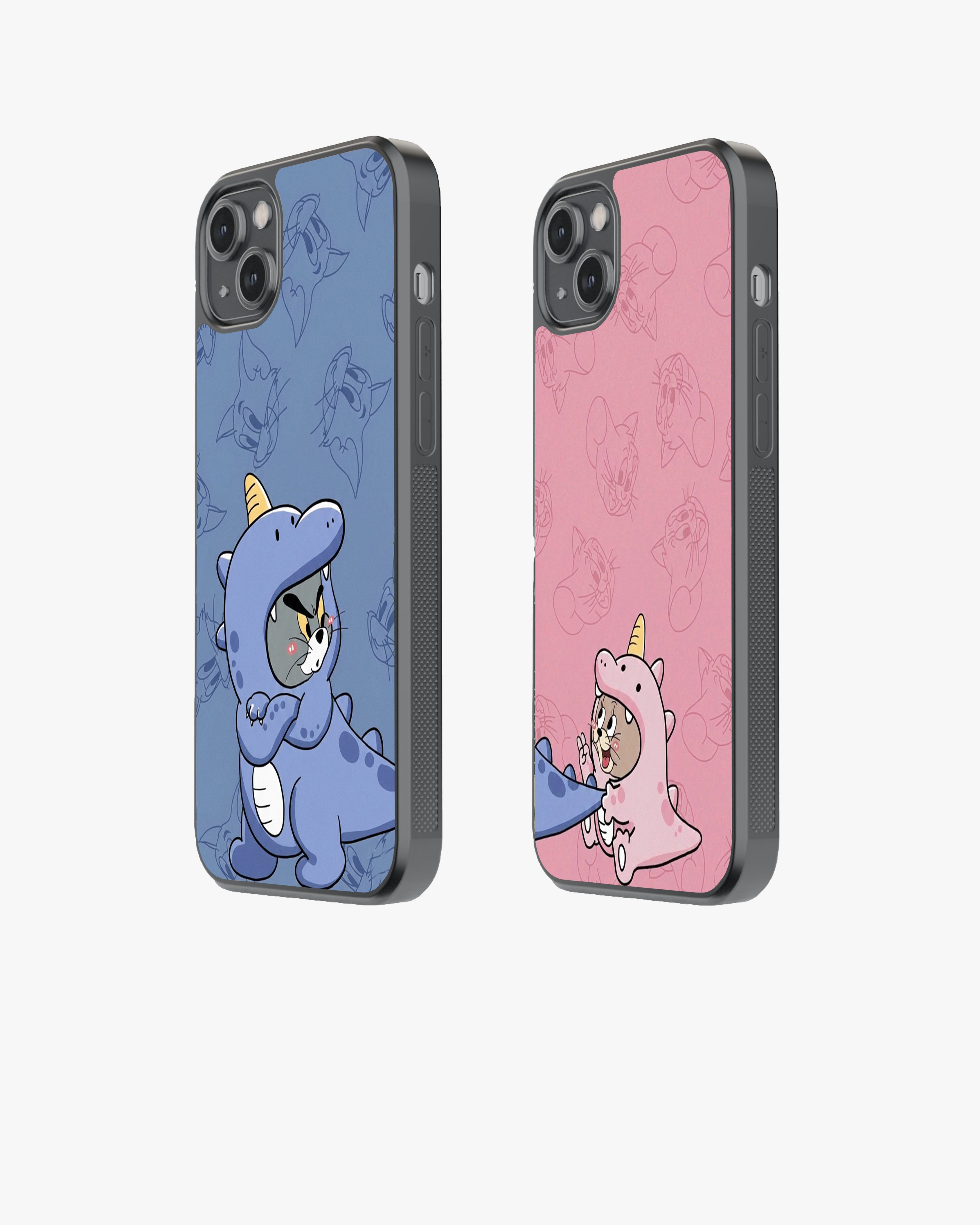 Cute Cartoon Dino Tom & Jerry Couple Set Glass Case