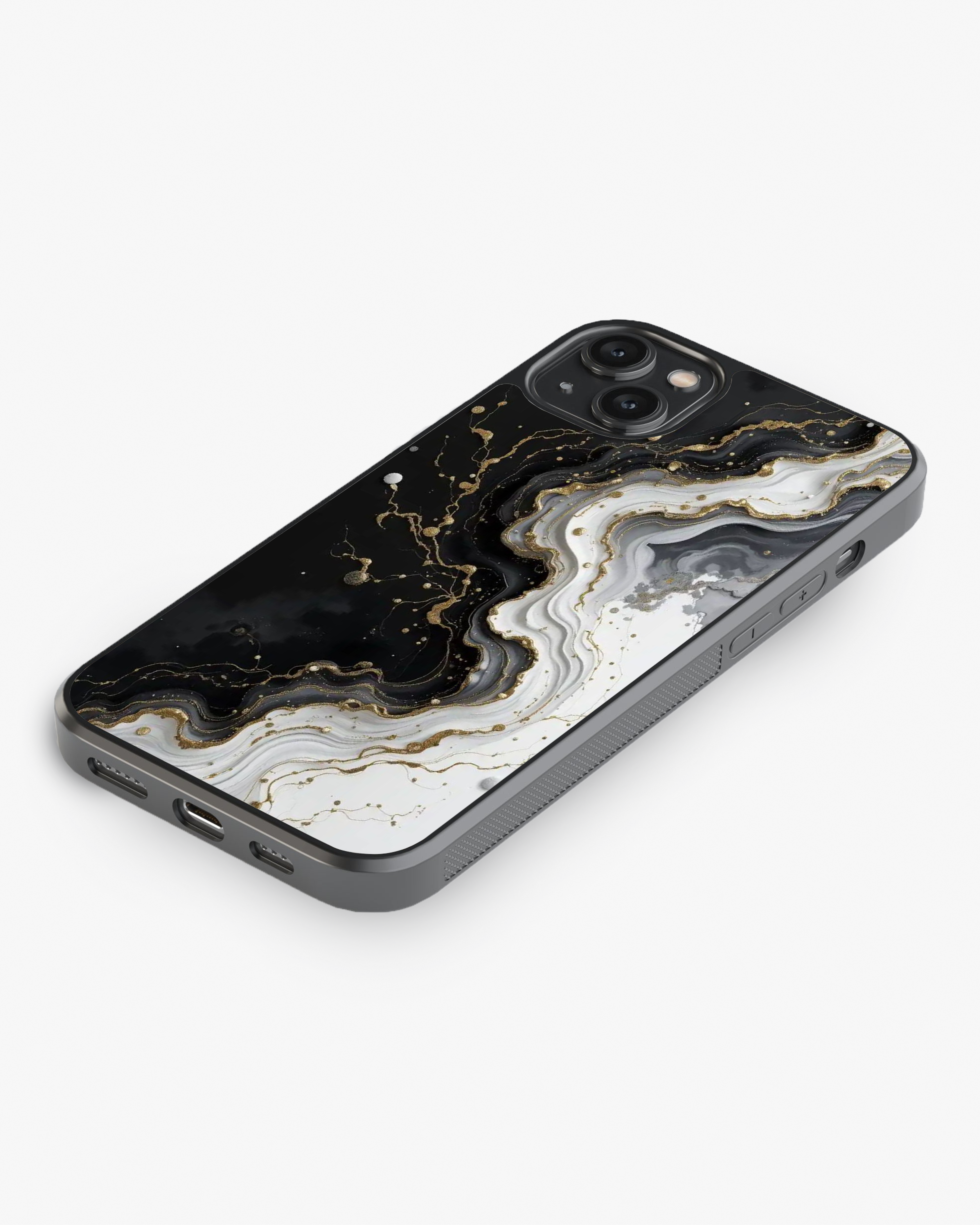 Noir Elegance – Black White Gold  Luxury Marble Case Cover Glass Case