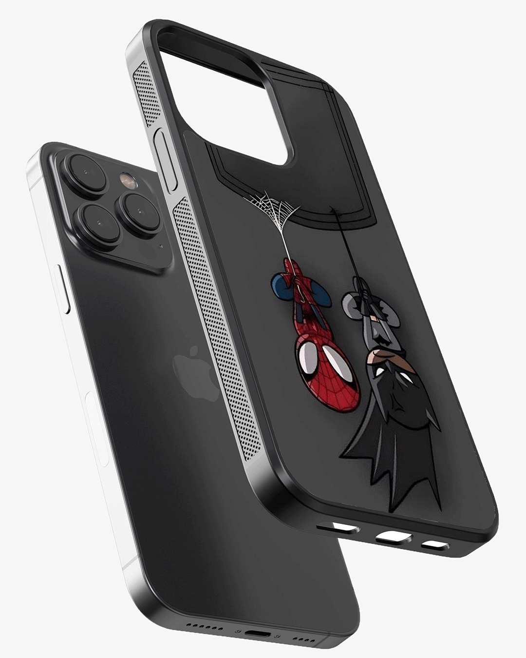 Pocket Heroes – Spider-Man & Batman Hanging Design Premium Phone Cover Glass Case