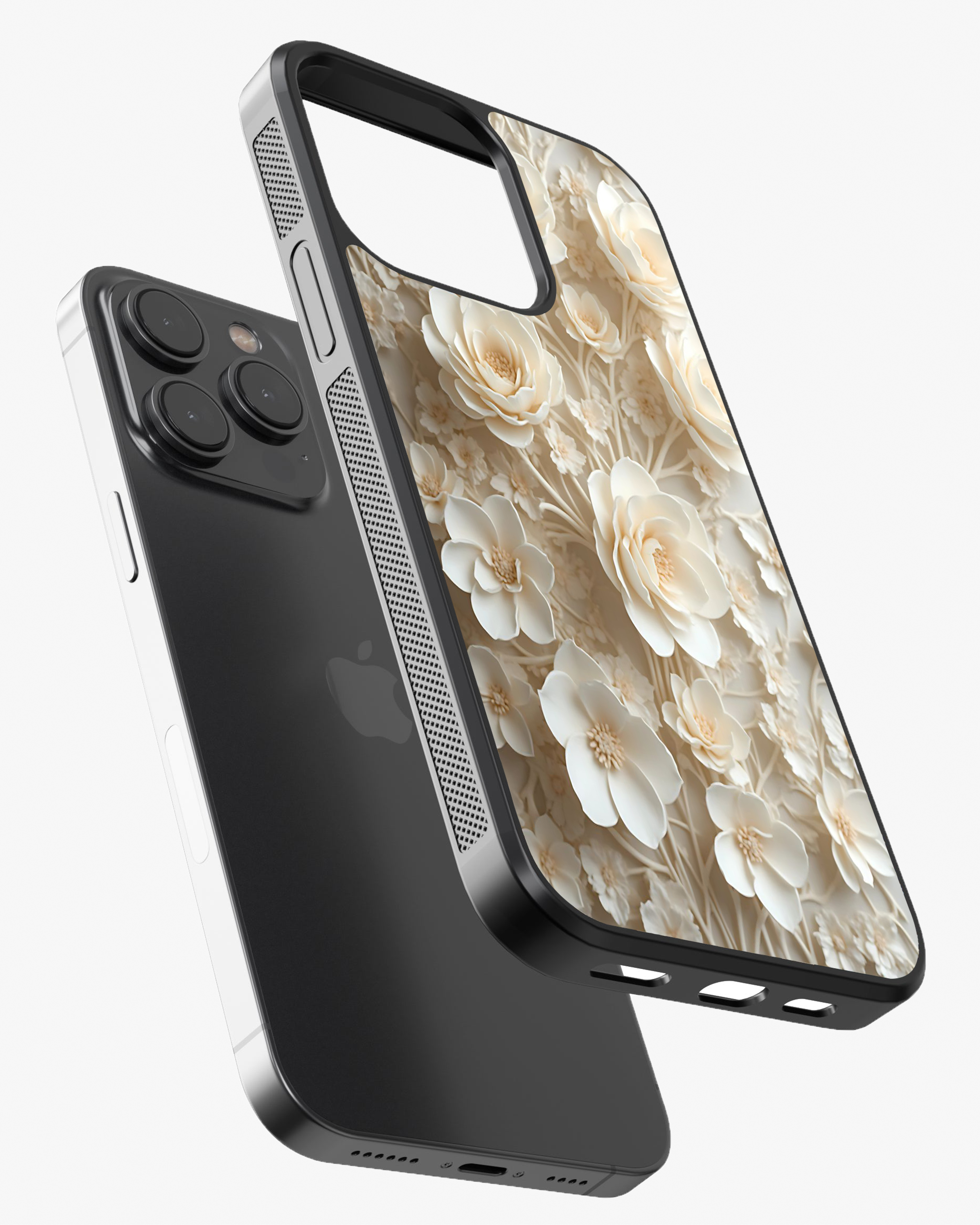 Elegant Ivory 3D Floral Case Cover Glass Case