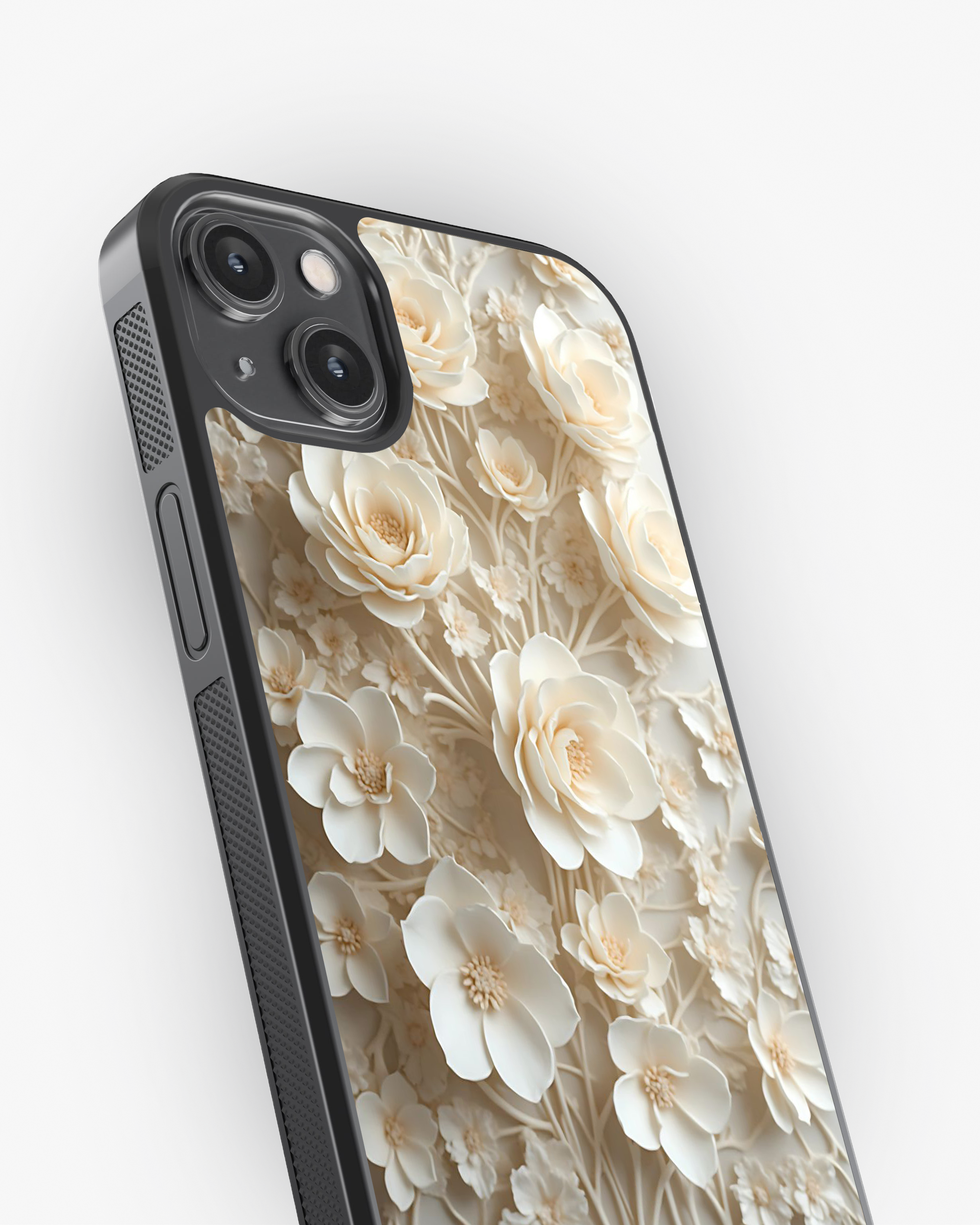 Elegant Ivory 3D Floral Case Cover Glass Case