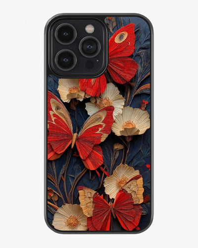 Luxury Red Butterfly Floral Designer Cover Glass Case