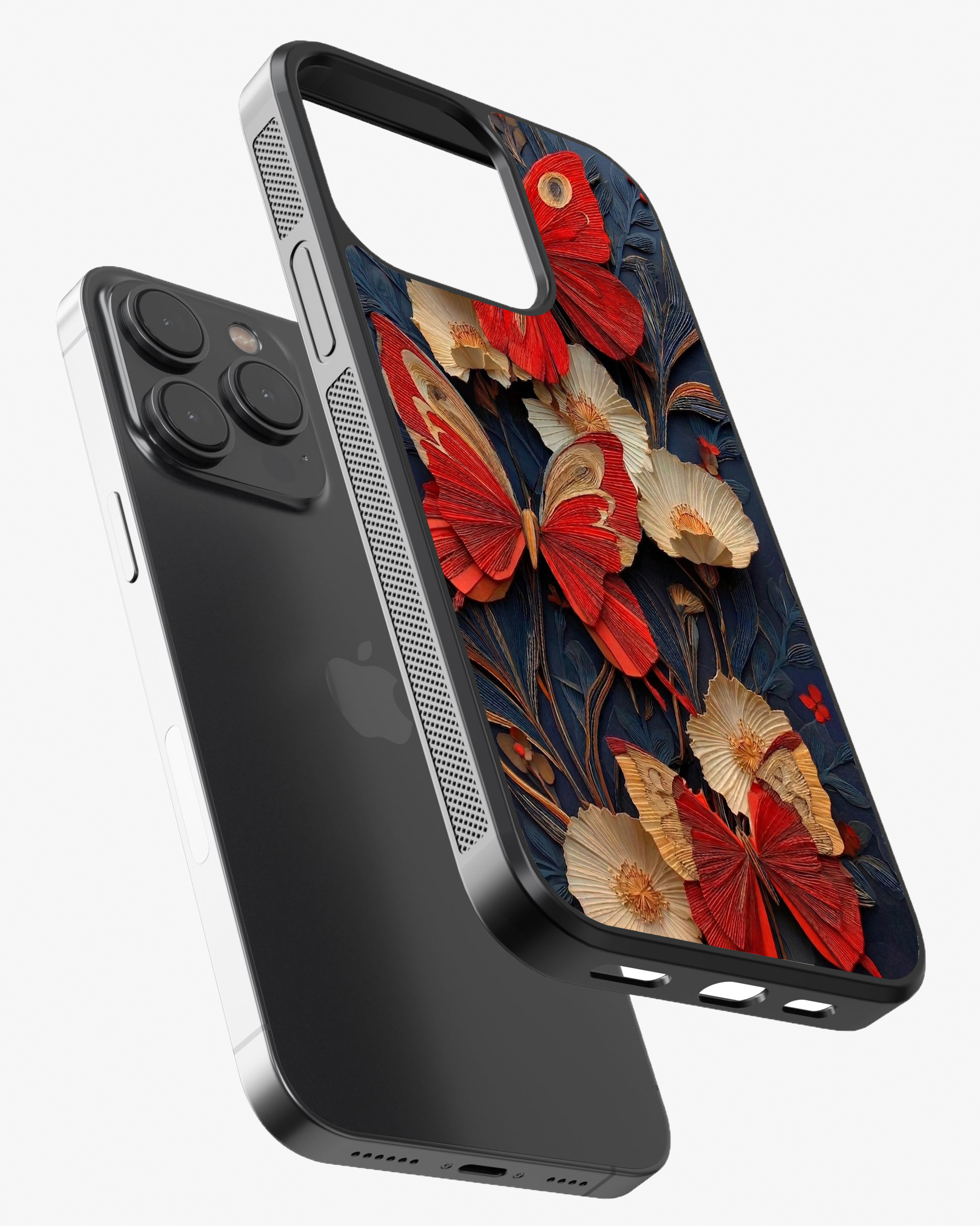 Luxury Red Butterfly Floral Designer Cover Glass Case