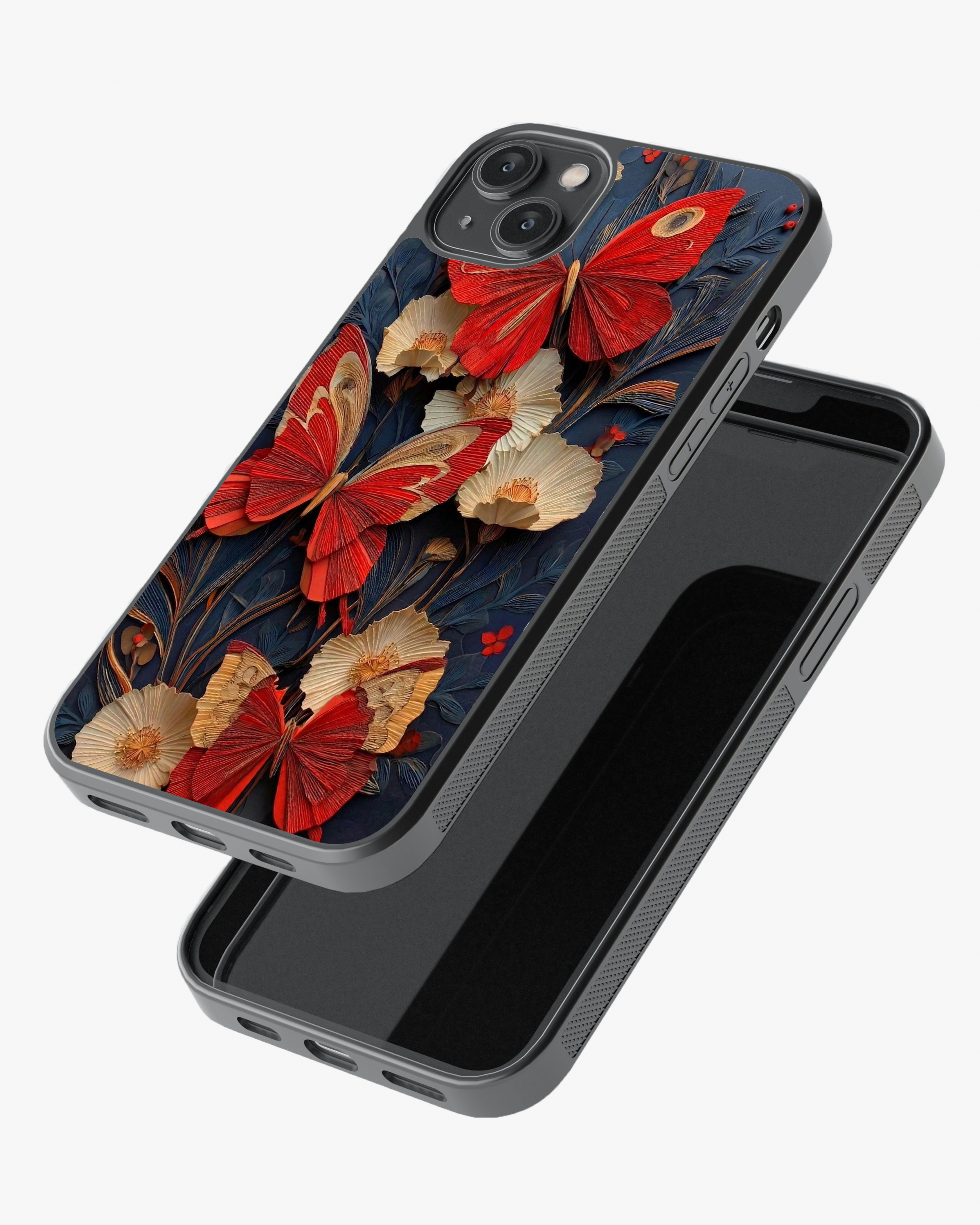 Luxury Red Butterfly Floral Designer Cover Glass Case