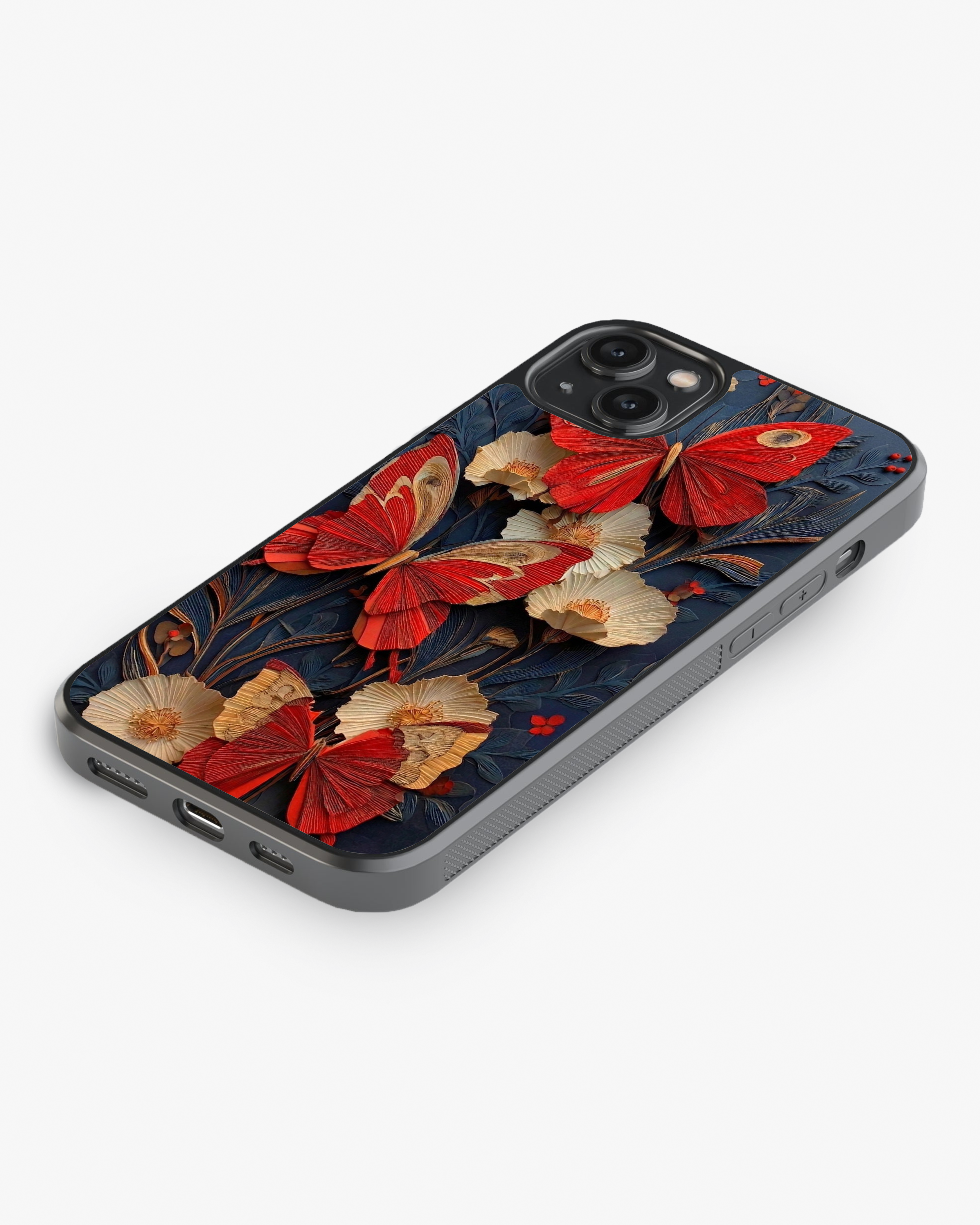 Luxury Red Butterfly Floral Designer Cover Glass Case