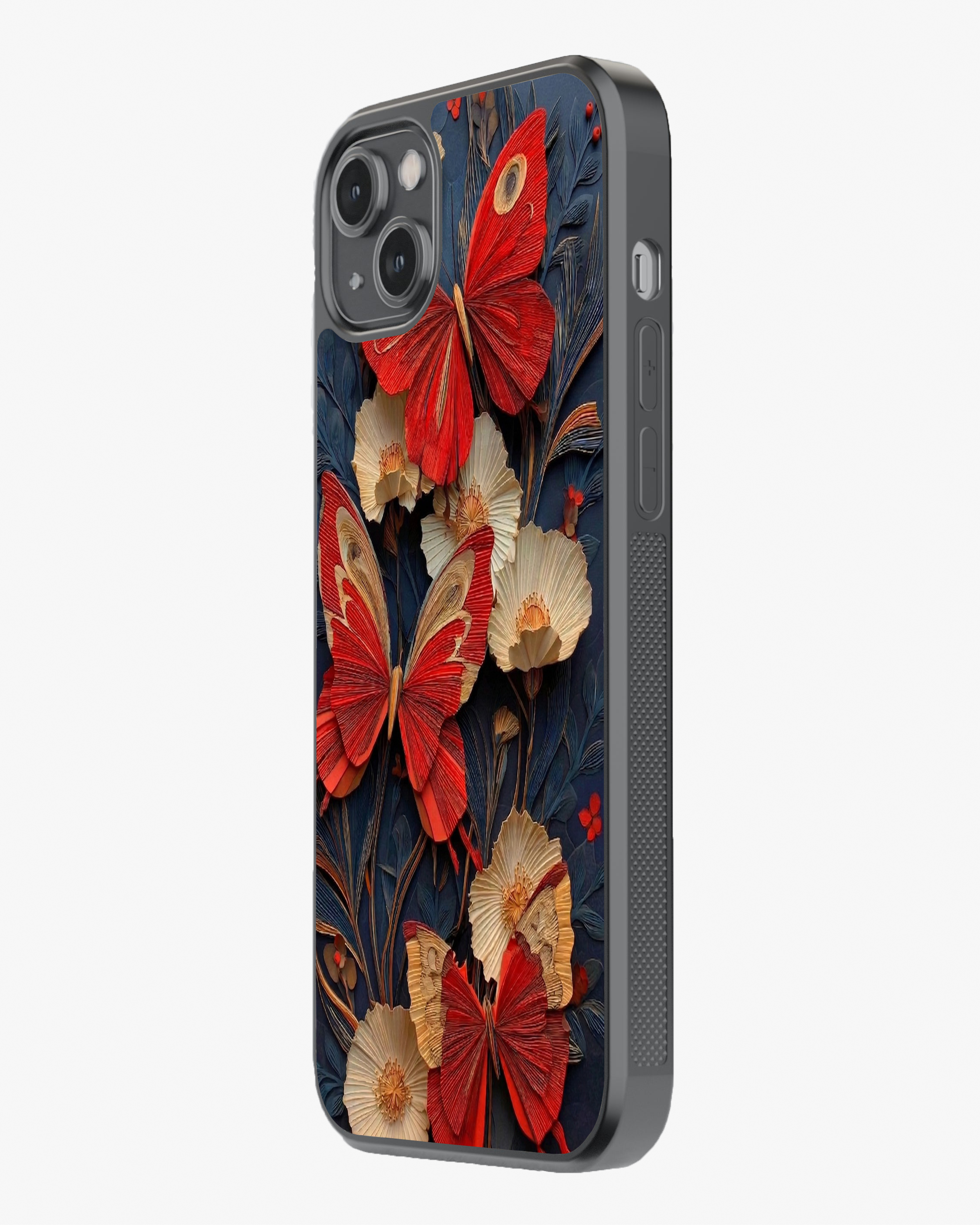 Luxury Red Butterfly Floral Designer Cover Glass Case