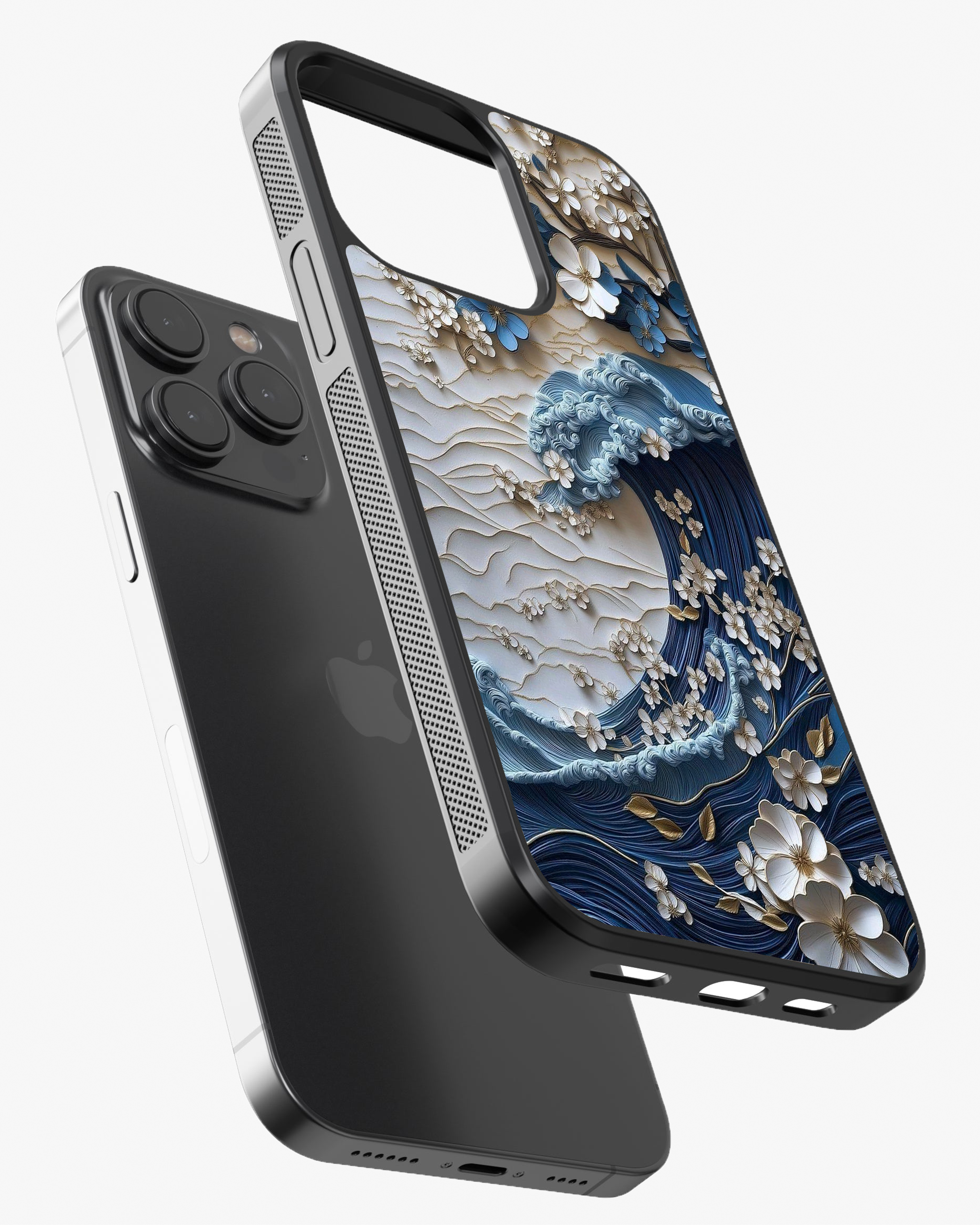 Blue Wave & Floral Art Case Cover Glass Case