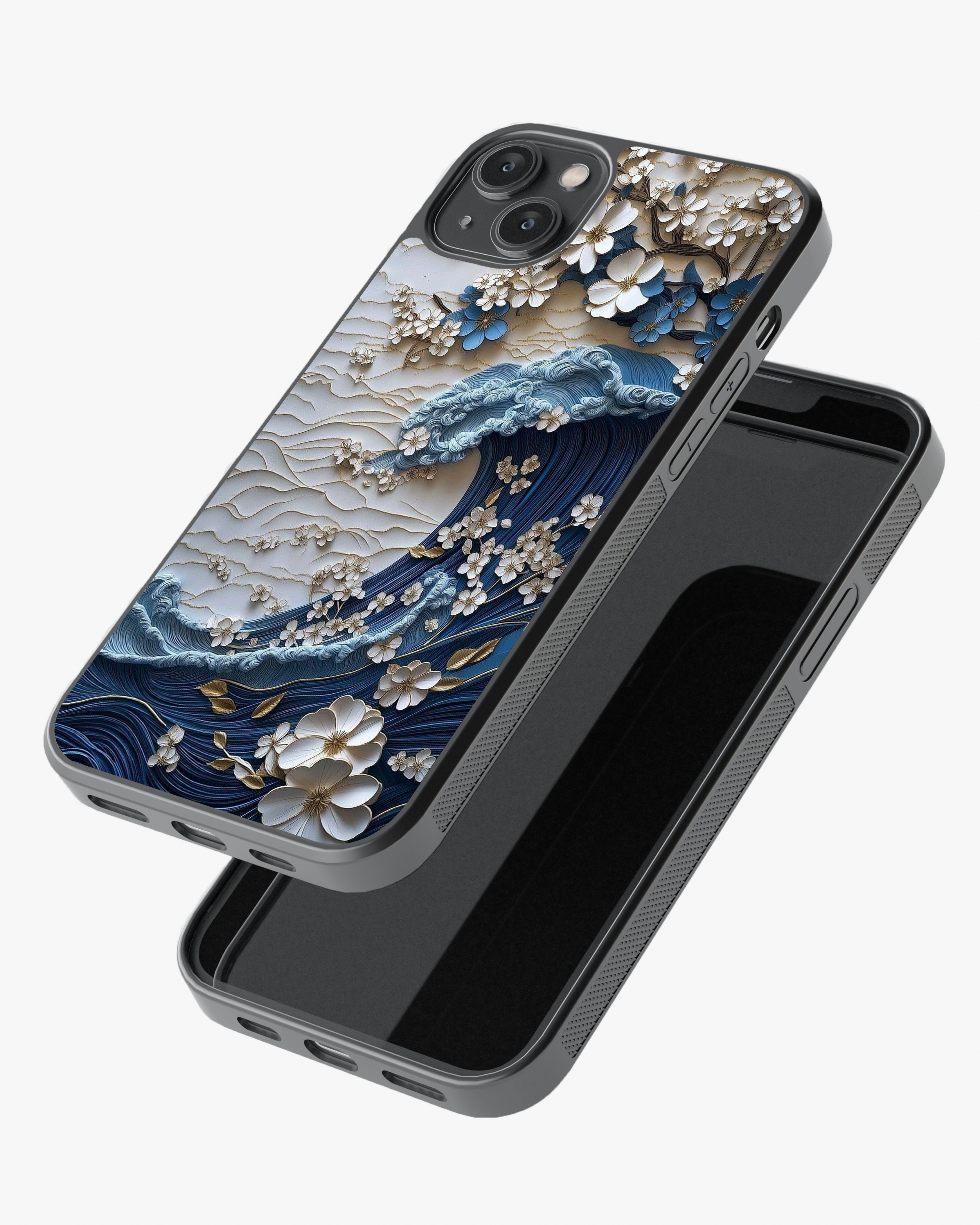 Blue Wave & Floral Art Case Cover Glass Case