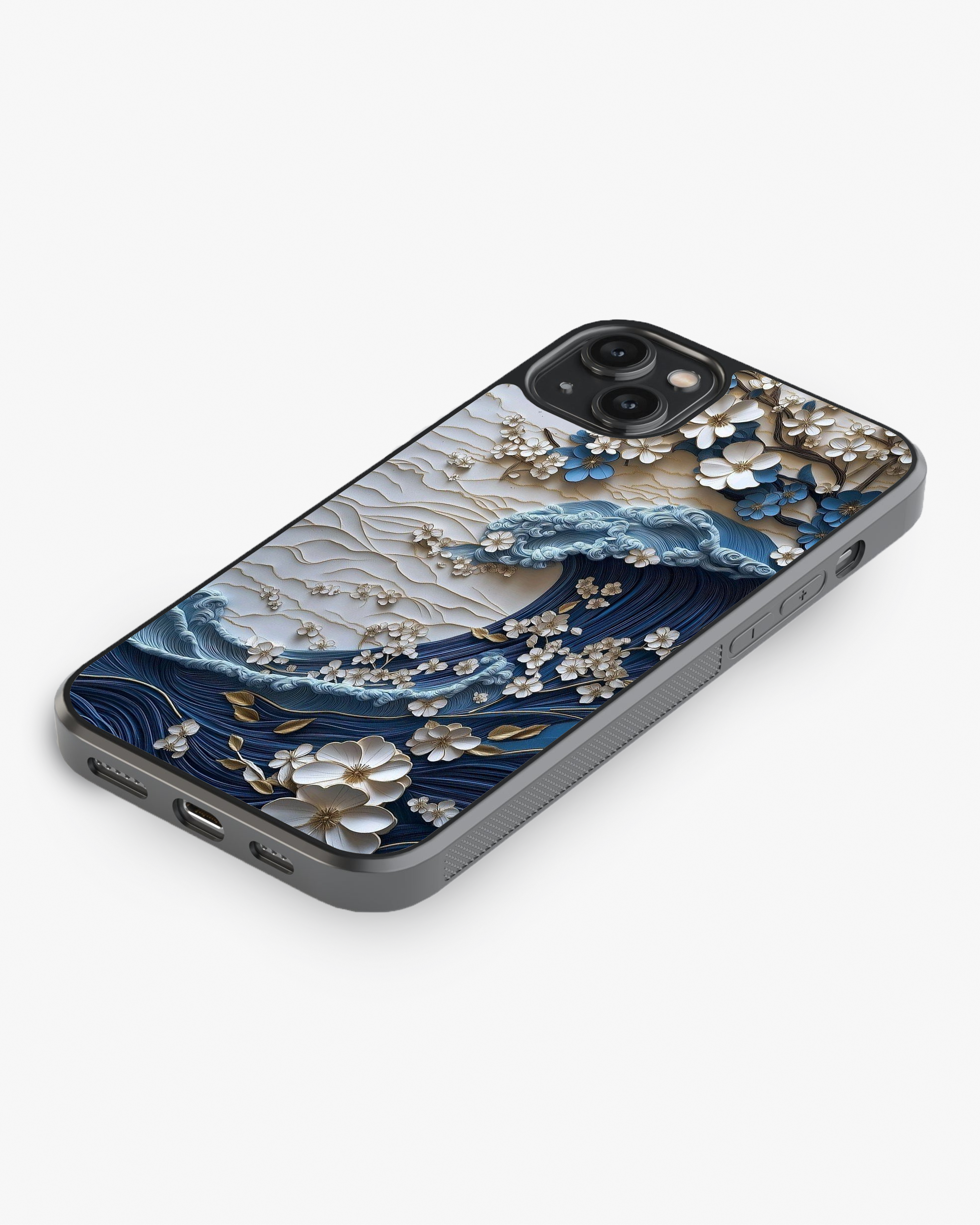 Blue Wave & Floral Art Case Cover Glass Case